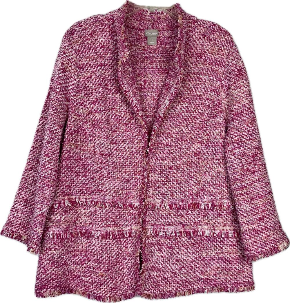 Chico’s Women’s Pink Tweed Fringe Cardigan Jacket Size 2 L Casual Office